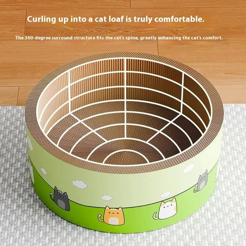 Round deep pit cat scratch board in corrugated paper construction showing 45cm and 50cm size options