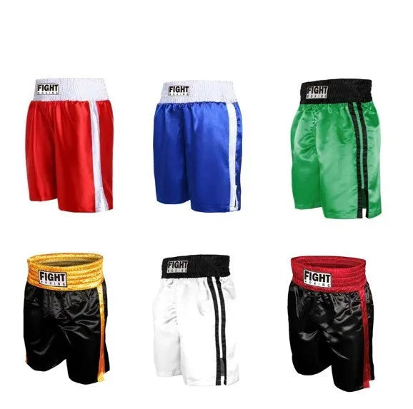 Boxing shorts in black and red colour with white side stripes, laid flat.