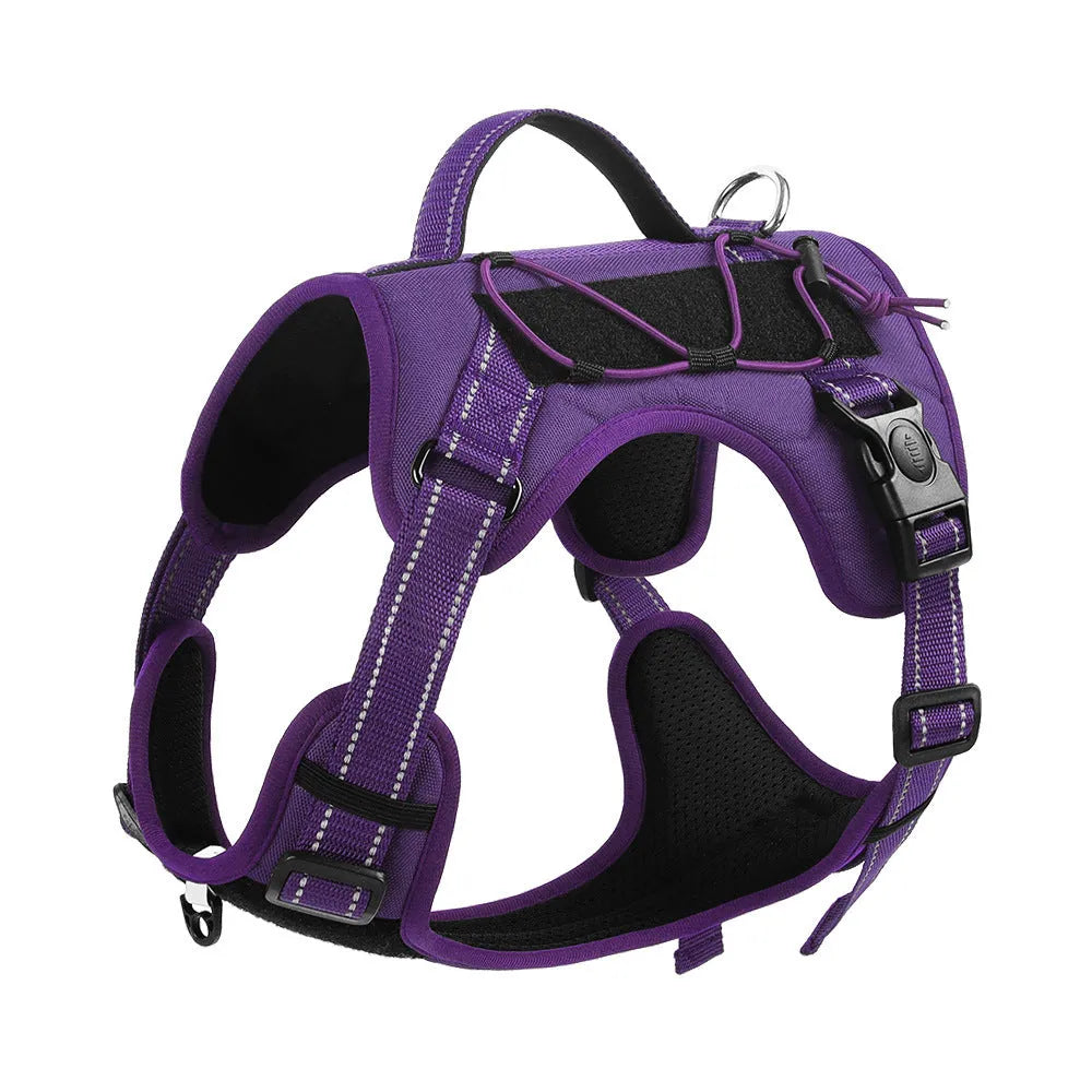 Reflective orange dog harness with a black hand-holding rope lead laid out flat.