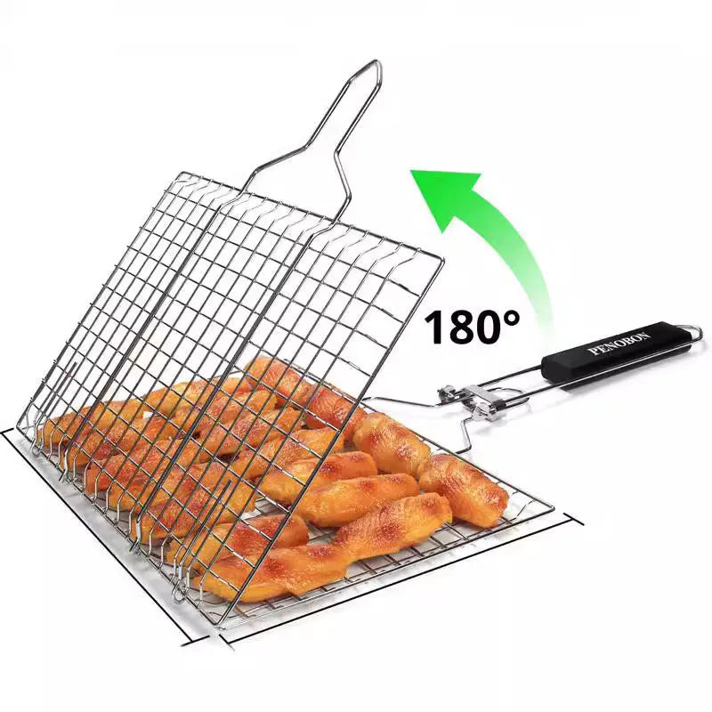 Square stainless steel folding barbecue mesh basket with a cleaning brush for outdoor grilling