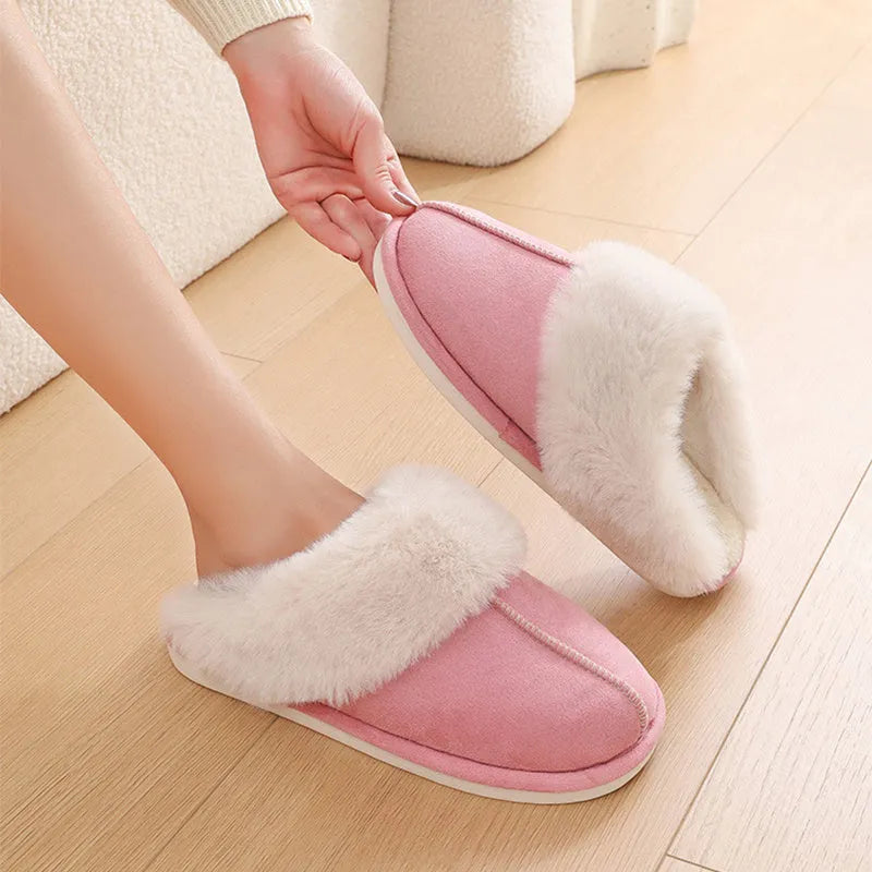 Women's plush-lined indoor winter slippers with PVC soles in five colour options