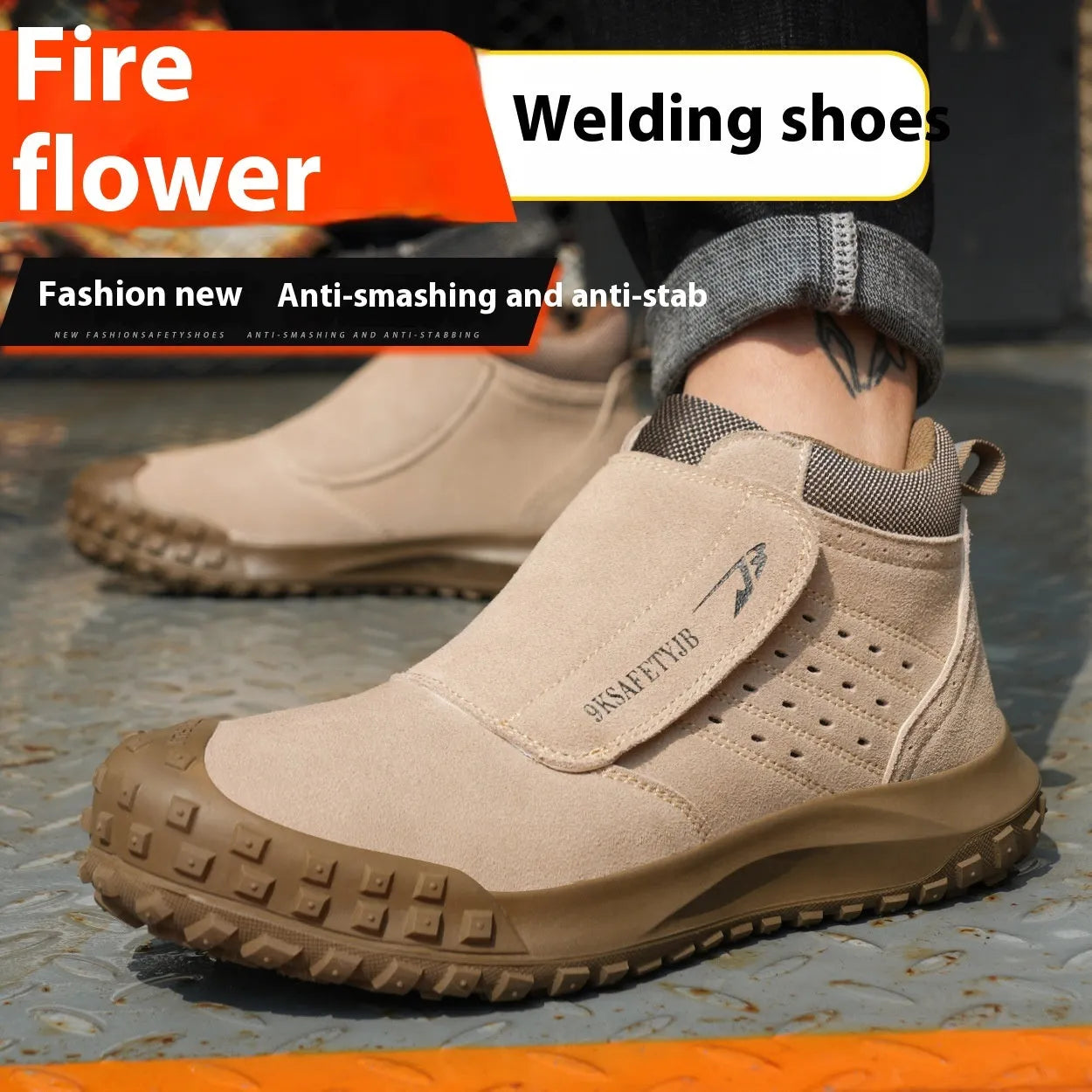 Four Seasons lightweight welder labour protection shoes with steel toe cap and PU leather upper in sand colour