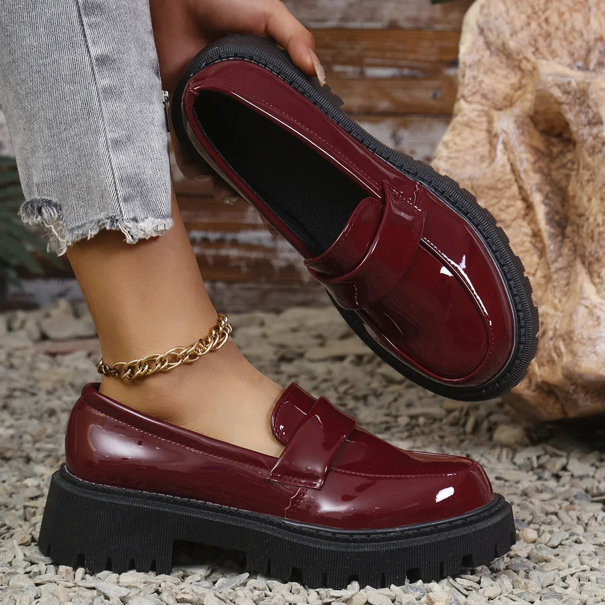 Women's slip-on loafers with chunky platform heel in black, wine red, or green