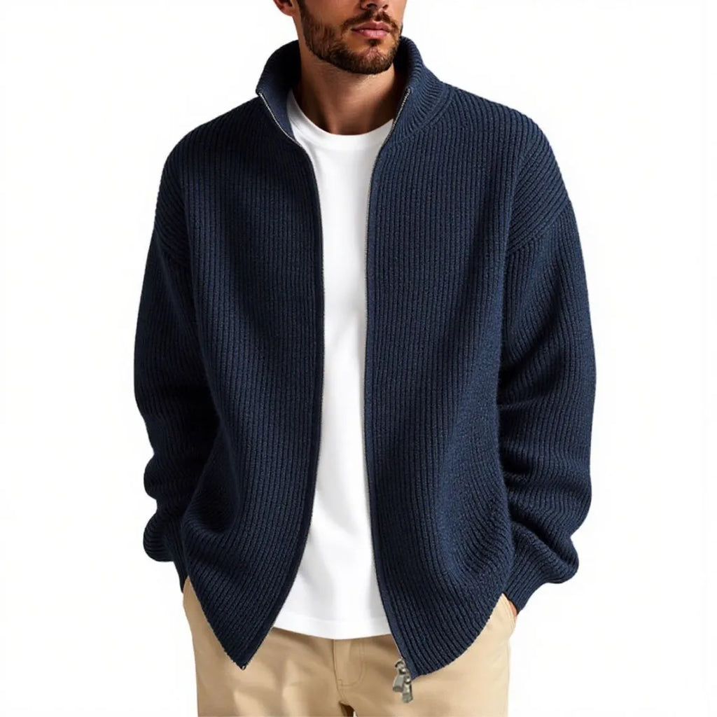 Man wearing a loose fit grey cardigan sweater for casual leisure wear