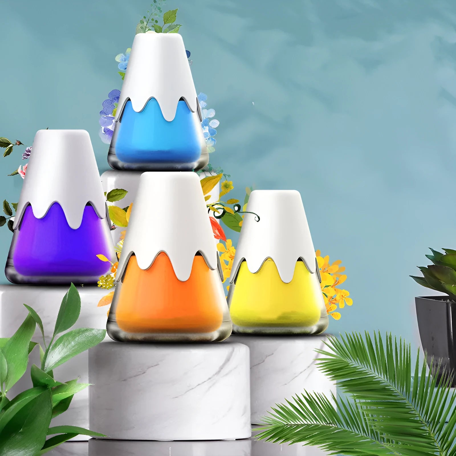 Snow Mountain car aromatherapy glass fragrance cup in purple, lime, laurel, or blue.