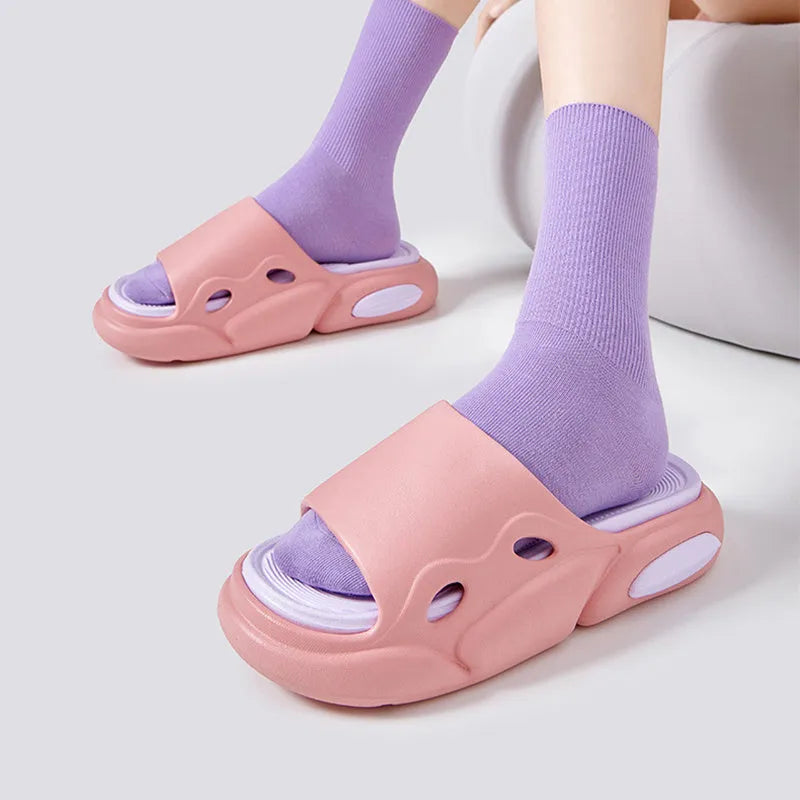Two-colour thick-soled EVA slippers with leather lining in pink purple, white green, and black white colour options