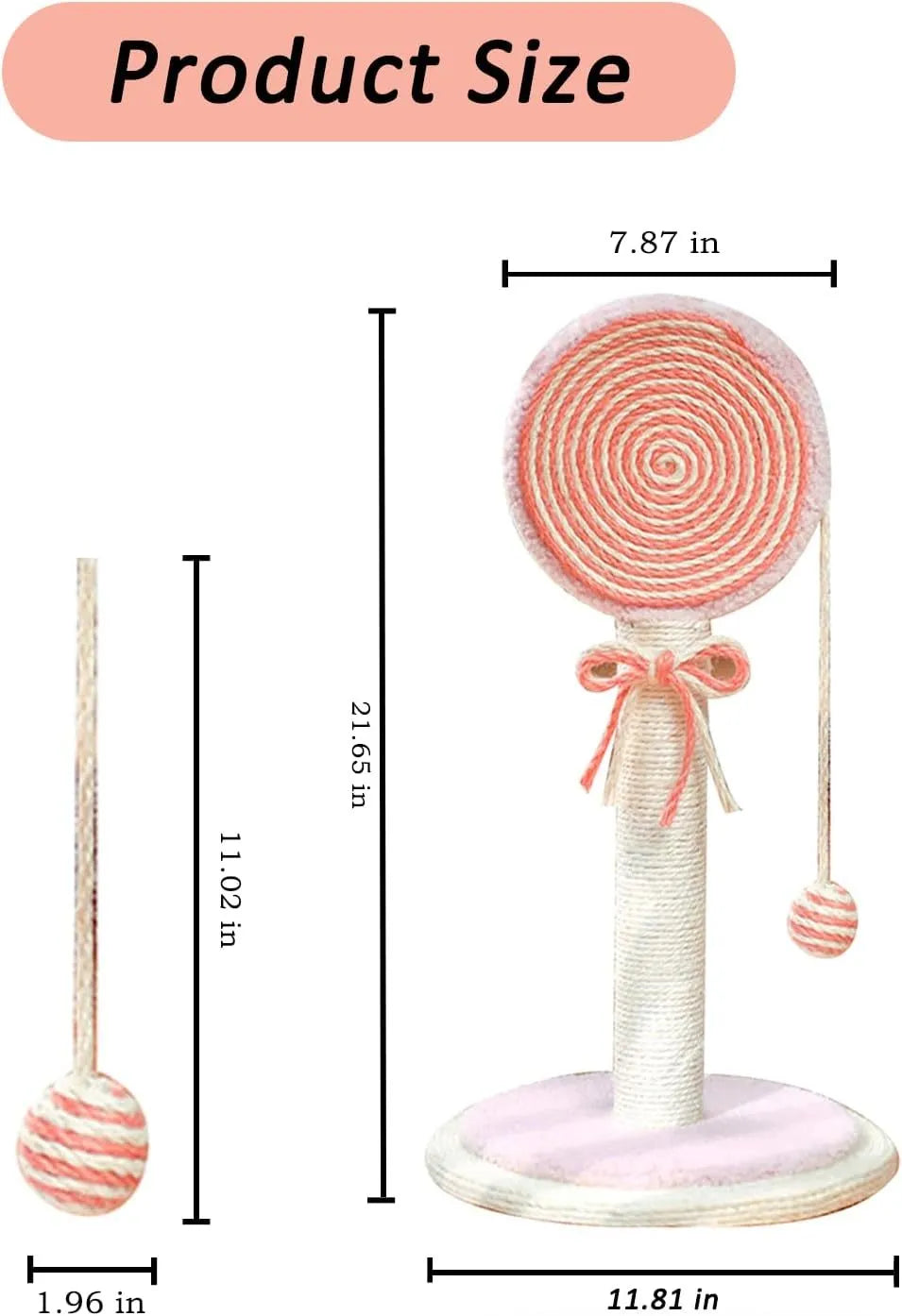Blue cat scratching post with sisal rope and a hanging yellow ball toy on a sturdy wooden base.