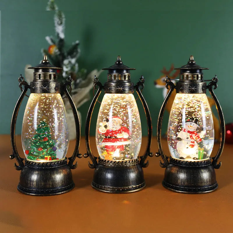 Plastic crystal ball oil lamp Christmas ornament with light-up feature in snowman and elderly figure styles