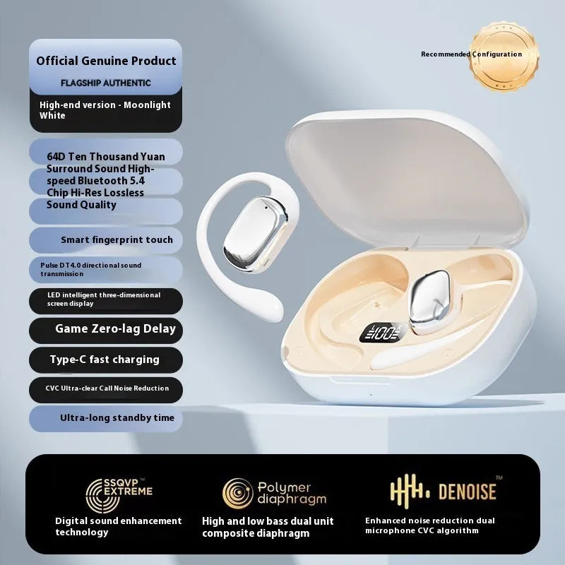 Wireless ear-mounted headphones with digital display screen in black, white, and skin colour options