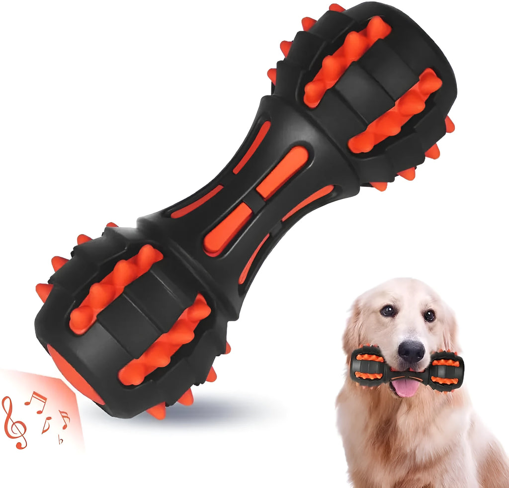Red durable rubber dumbbell-shaped dog chew toy for large breed aggressive chewers