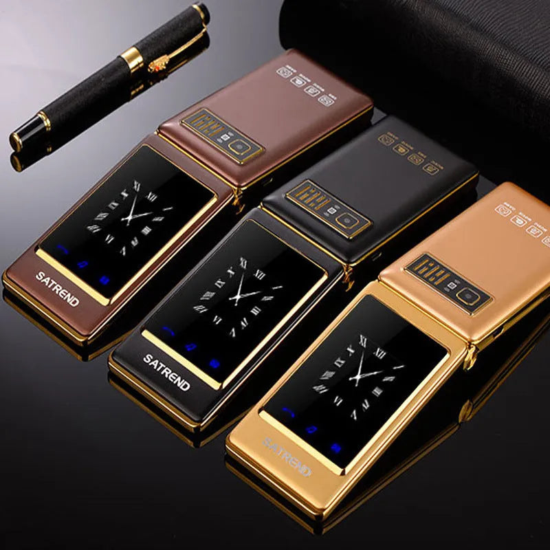 Dual screen flip phone open showing large touch display and external smaller screen on front.