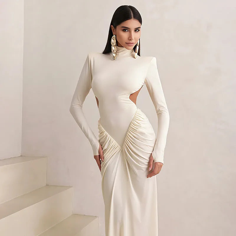 Women's long sleeve high collar backless pleated dress in slim fit with Asian sizing options