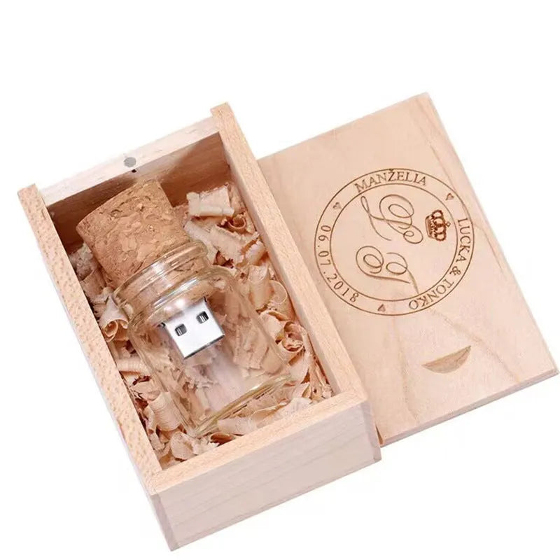 Wooden USB flash drive inside transparent bottle-shaped casing with visible wooden element