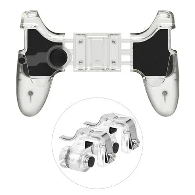 Black mobile phone game controller with physical buttons plugged into smartphone