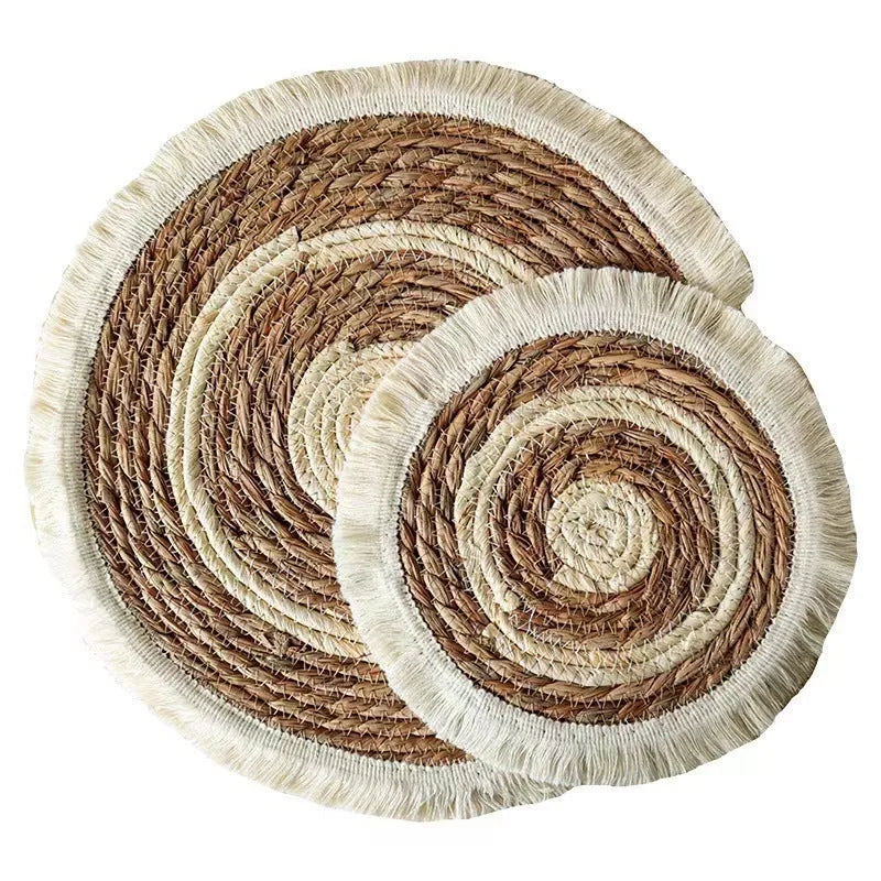Round Japanese straw placemat with corn rope tassel edge in natural papyrus material