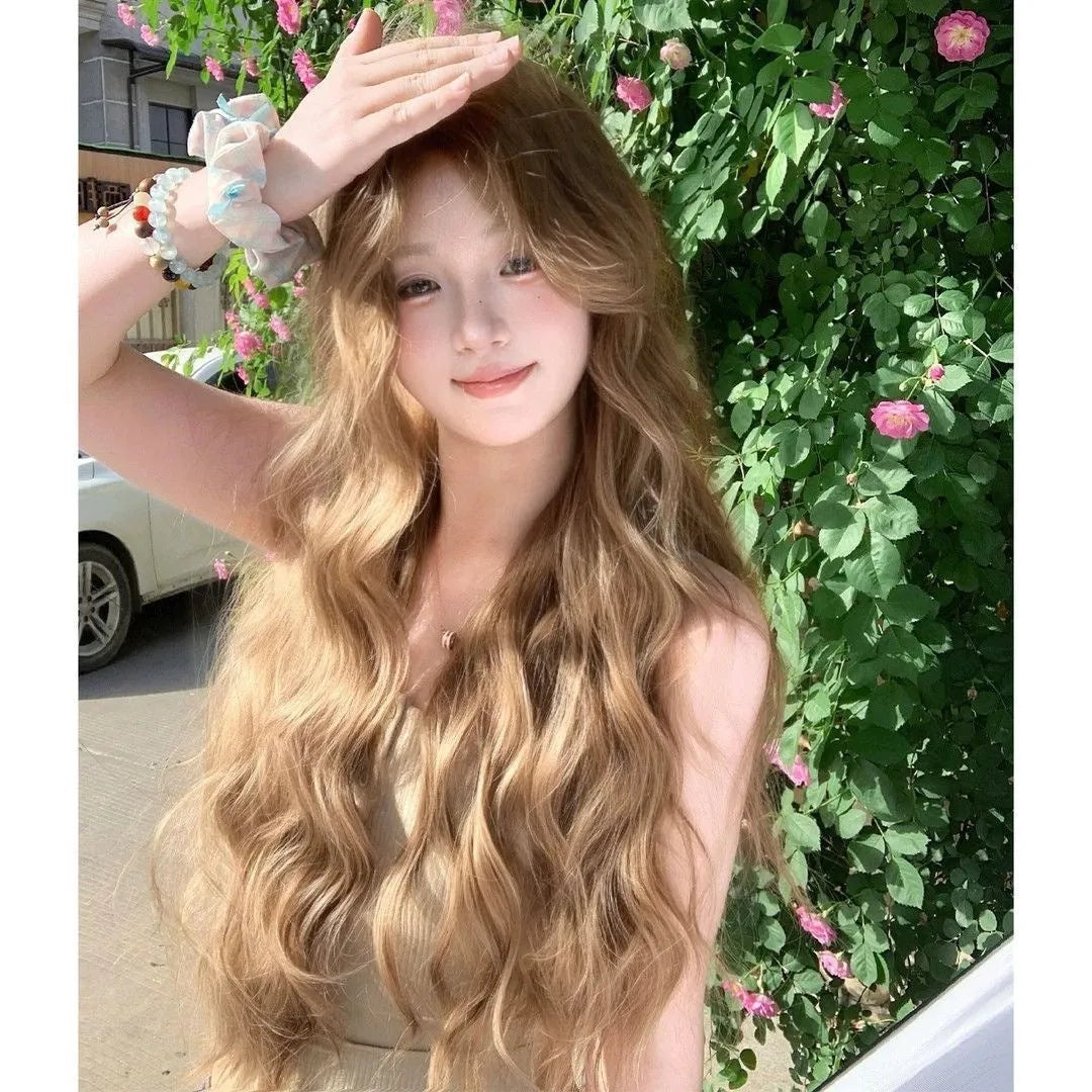Linen brown medium long curly high temperature fibre synthetic wig with hair net