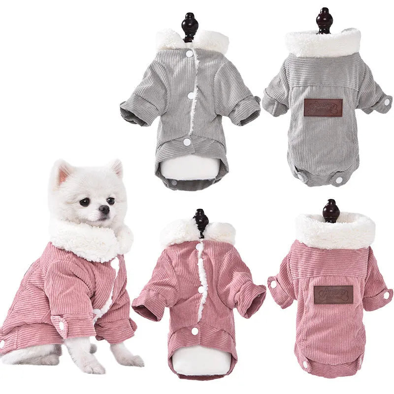 Grey lambswool fleece-lined dog vest for winter warmth, shown with size label.
