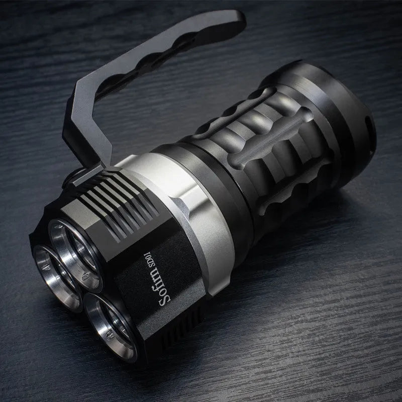 Aluminium alloy diving torch flashlight with 500m range and waterproof housing.