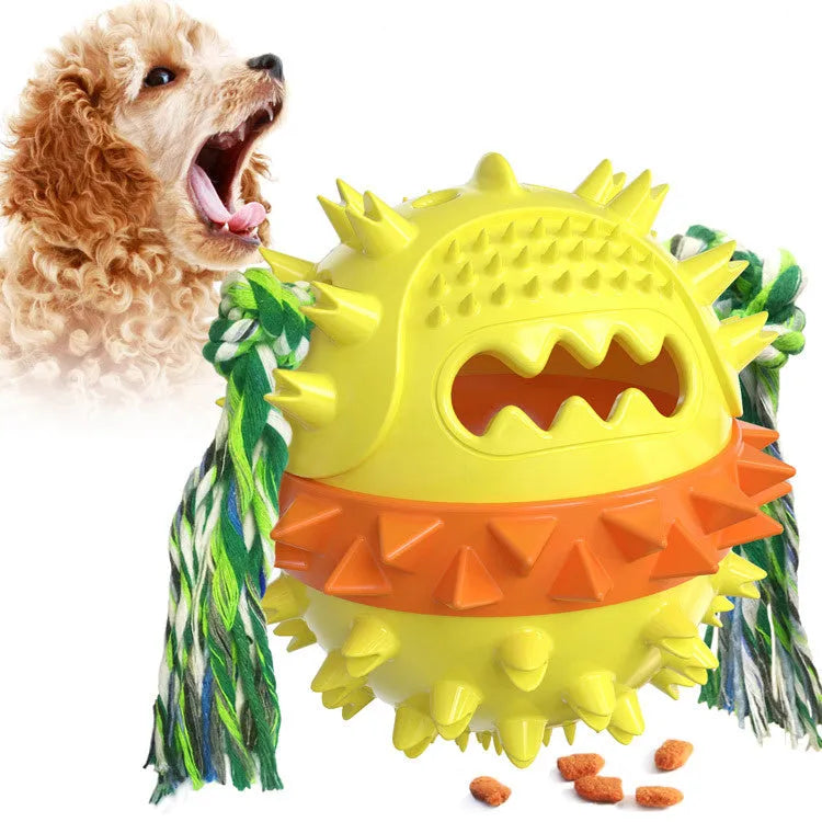Blue TPR rubber dog chew ball with treat dispenser hole and squeaker, 4.25 inches in diameter.