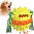 Blue TPR rubber dog chew ball with treat dispenser hole and squeaker, 4.25 inches in diameter.