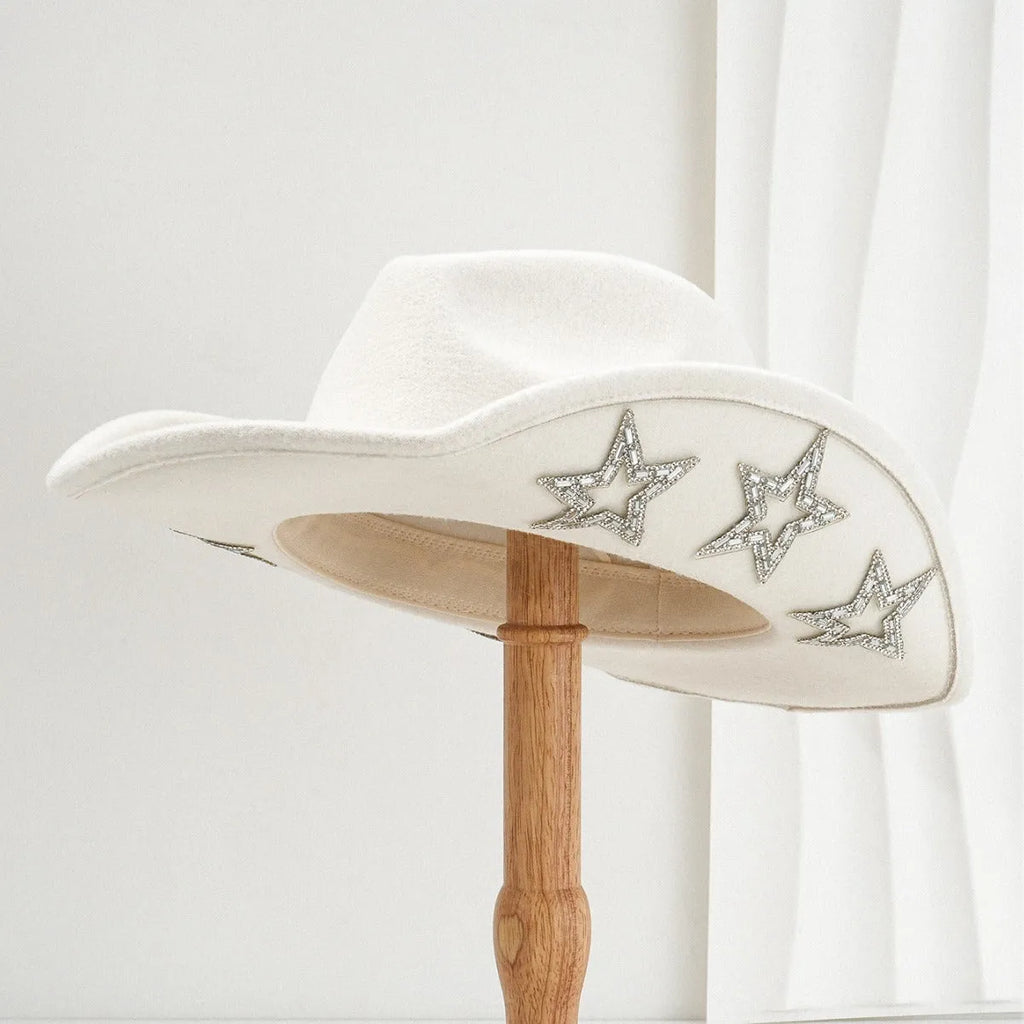 Polyester western top hat with conical crown and hexagonal star detail in size M.