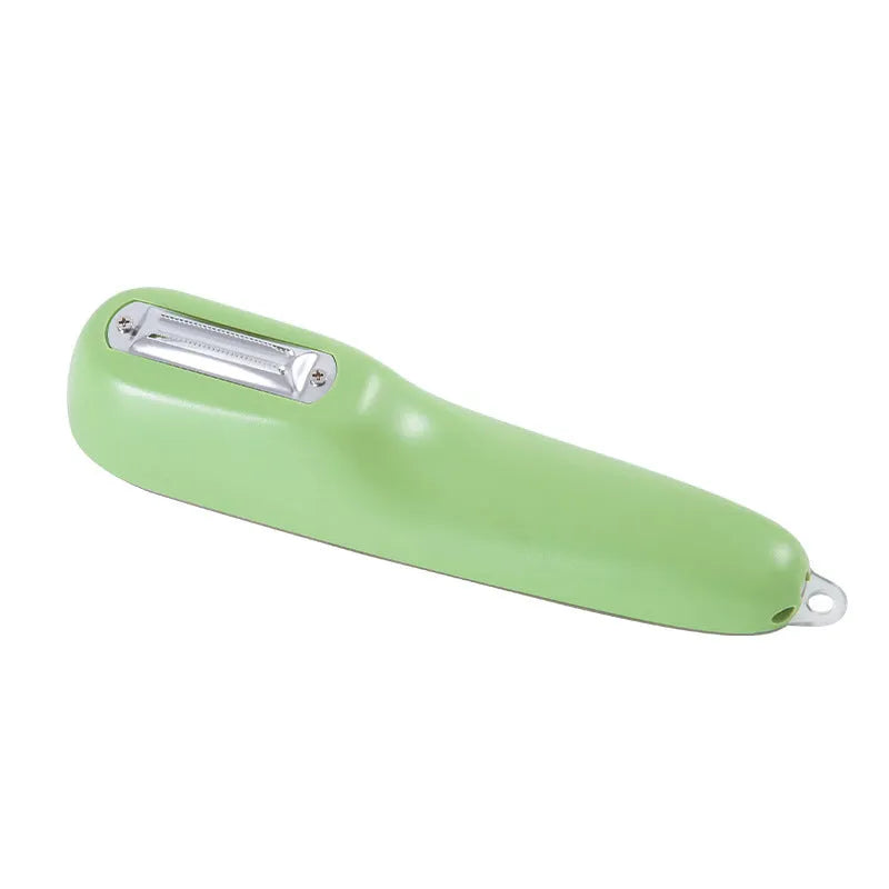 Dark green kitchen peeler with storage tube and stainless steel blade for fruits and vegetables