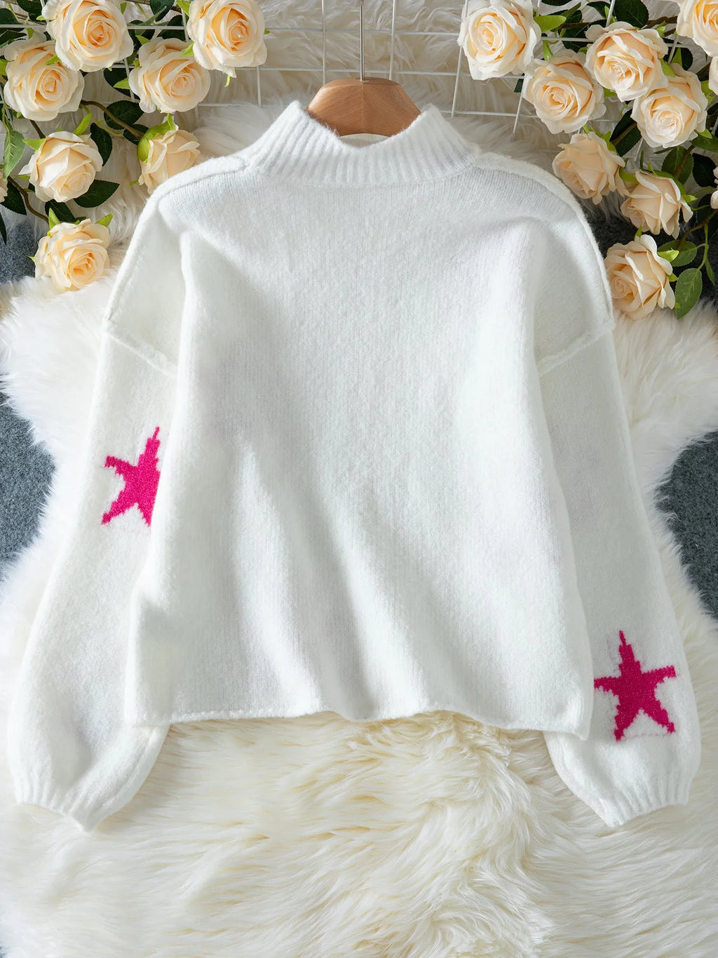 White women's turtleneck pullover sweater with star pattern in thick polyester imitation velvet fabric