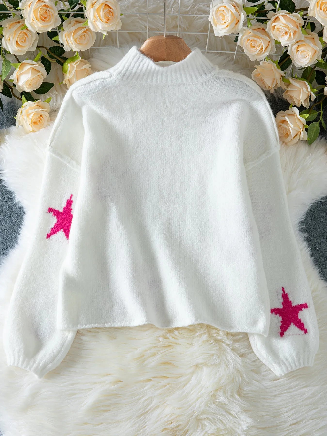 White women's turtleneck pullover sweater with star pattern in thick polyester imitation velvet fabric