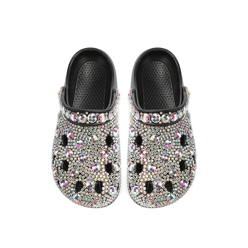 Black women's platform sandals with rhinestone decorations on EVA upper and sole