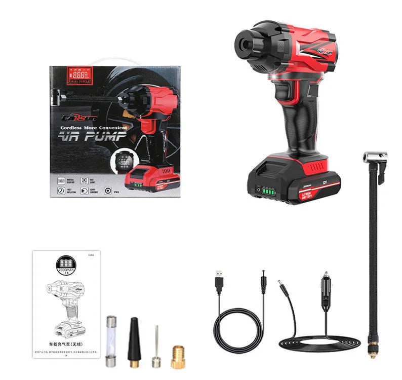Red and black portable car air pump with digital display, power cable, and set of inflation nozzles.