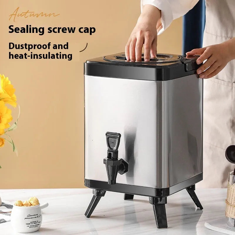 Silver stainless steel cold insulation barrel with square lock mechanism, 8 litre milk tea storage container