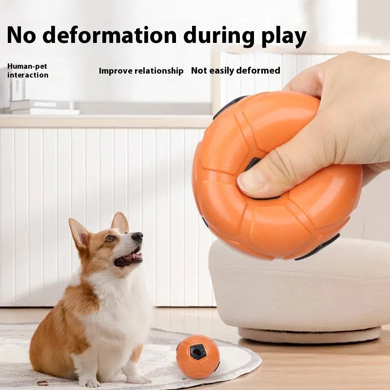 TPR dog toy ball in orange hollow style for nibbling and teeth grinding, on white background