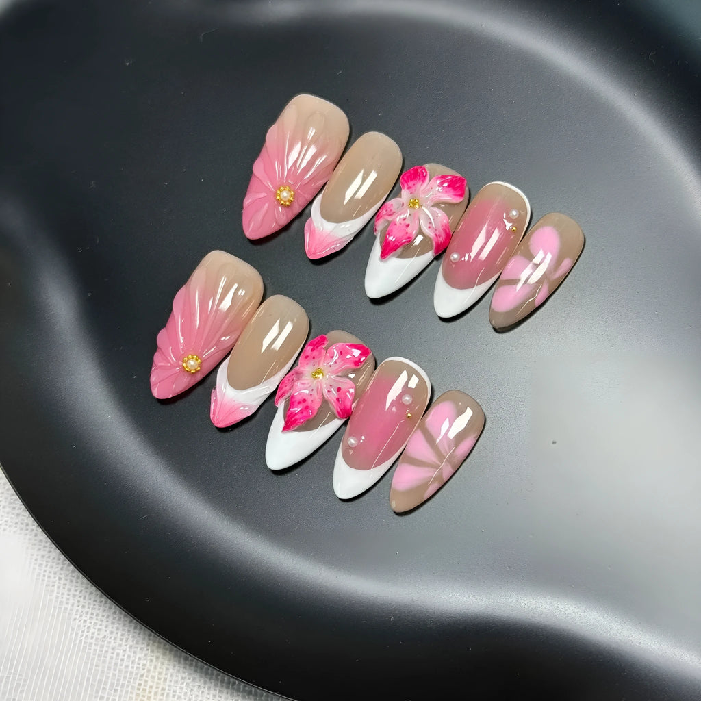 French style 3D lily and ice flower design plastic artificial nail tips in almond shape.