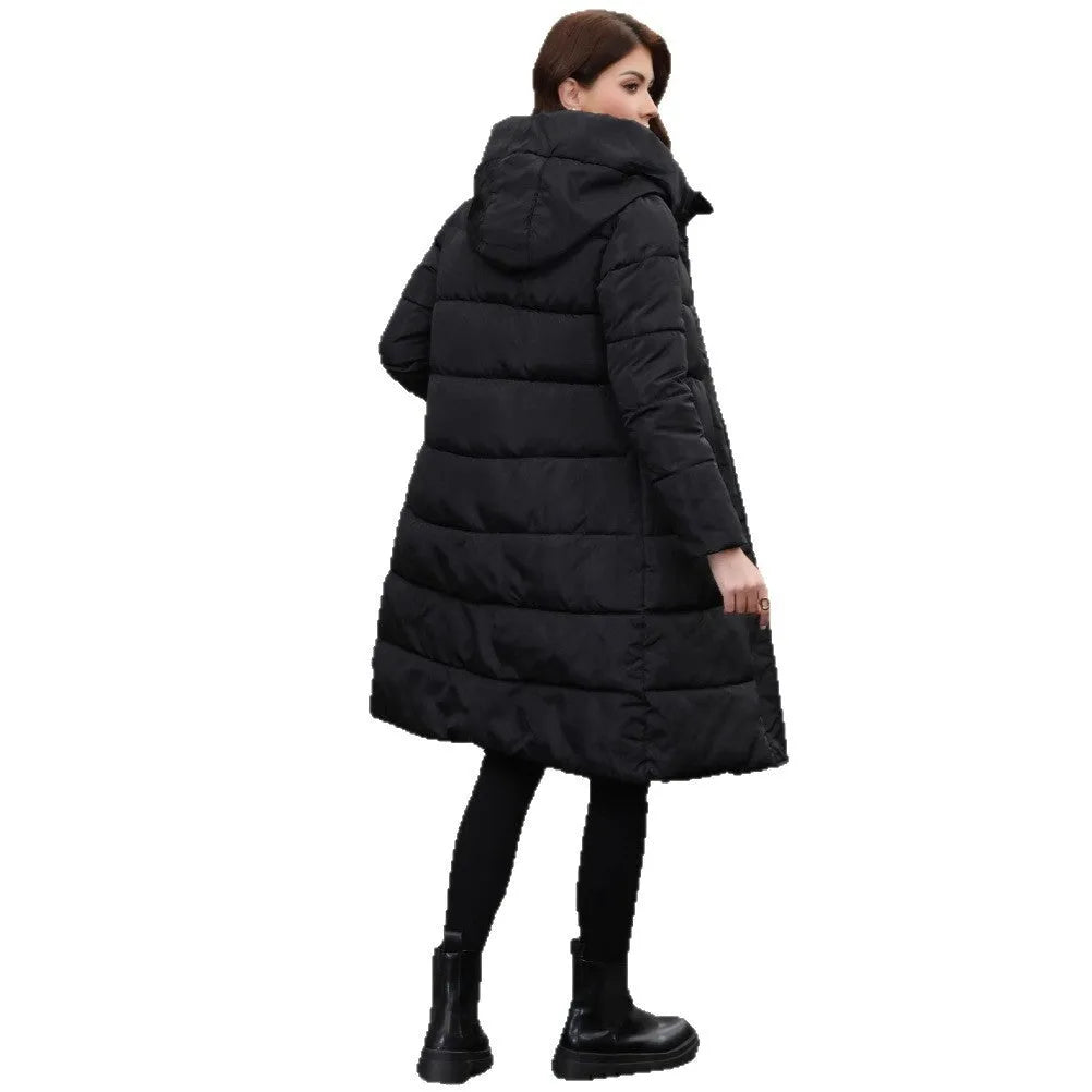 Hooded thickened slim fit long cotton jacket for men in black, side view