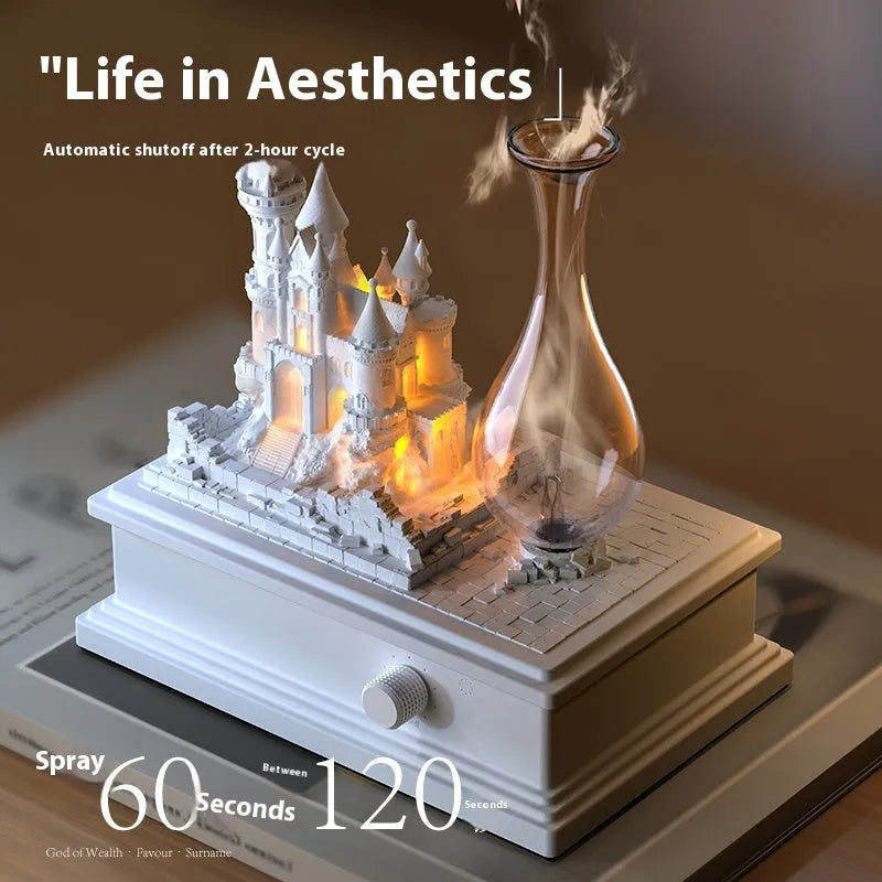 White medieval castle design waterless aromatherapy machine with ambient lighting, 188mm tall