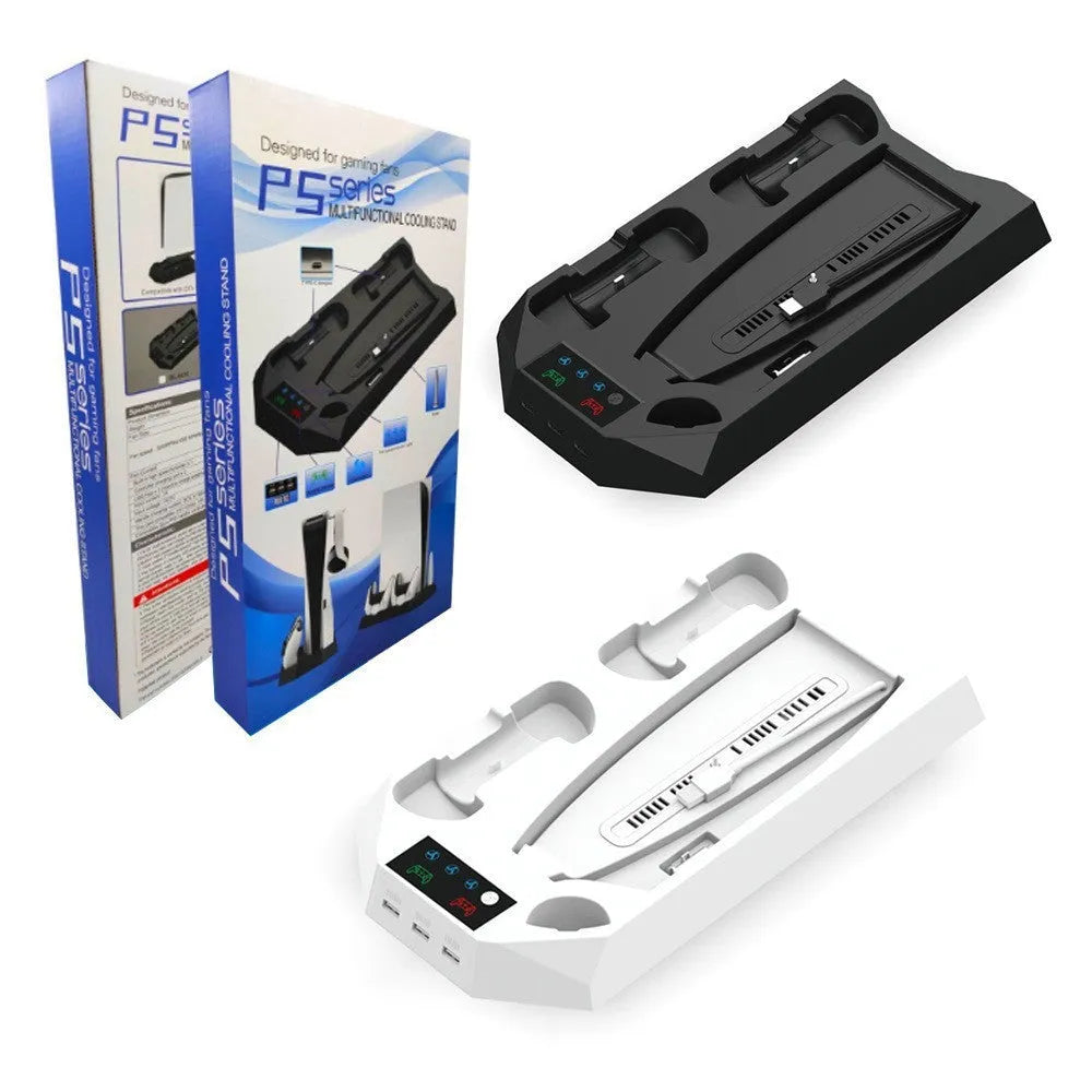 White PS5 charging dock radiator base holding console and charging controllers