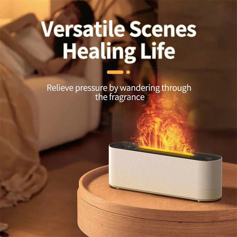 Black Flame Air ultrasonic humidifier diffuser with coloured LED lights on a wooden table