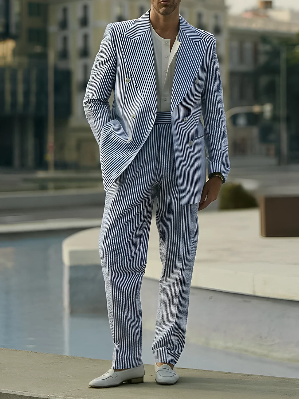 Blue and white striped polyester suit set showing blazer and matching trousers for formal wear