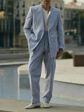 Blue and white striped polyester suit set showing blazer and matching trousers for formal wear