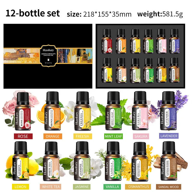 Boxed set of water-soluble aromatherapy essential oils for room freshening with diffusers