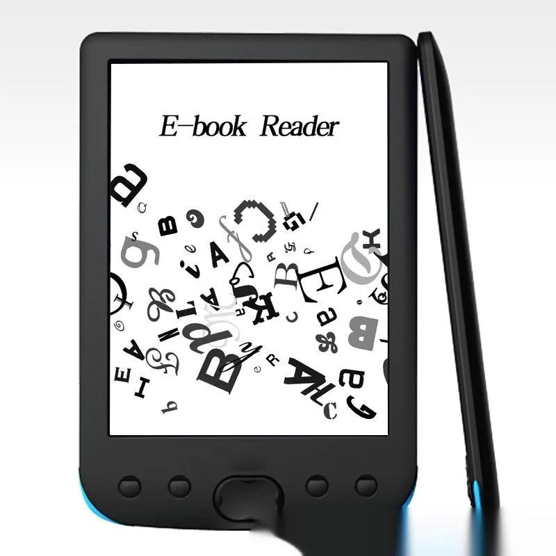 Black 6-inch E-ink e-book reader with monochrome display and configurable storage options