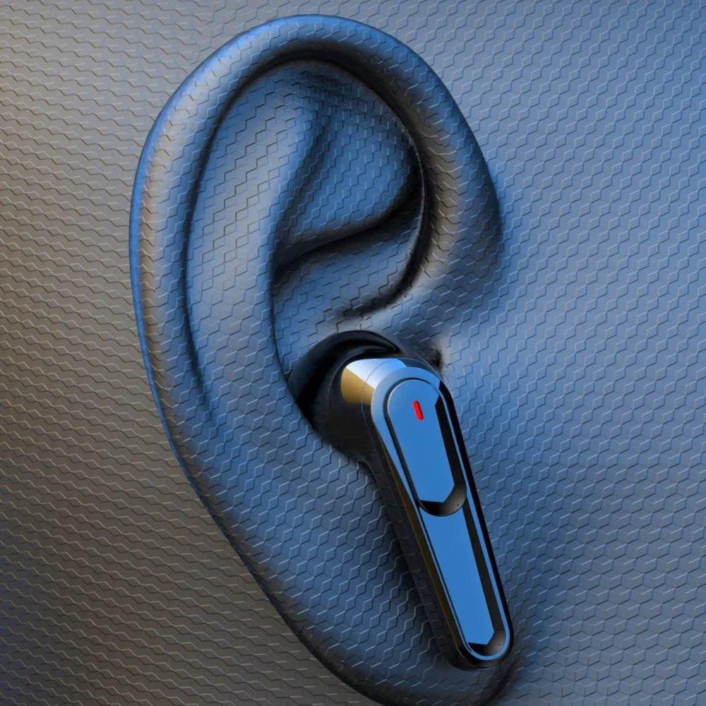 Black in-ear Bluetooth headphones with noise cancellation and breathing light indicators