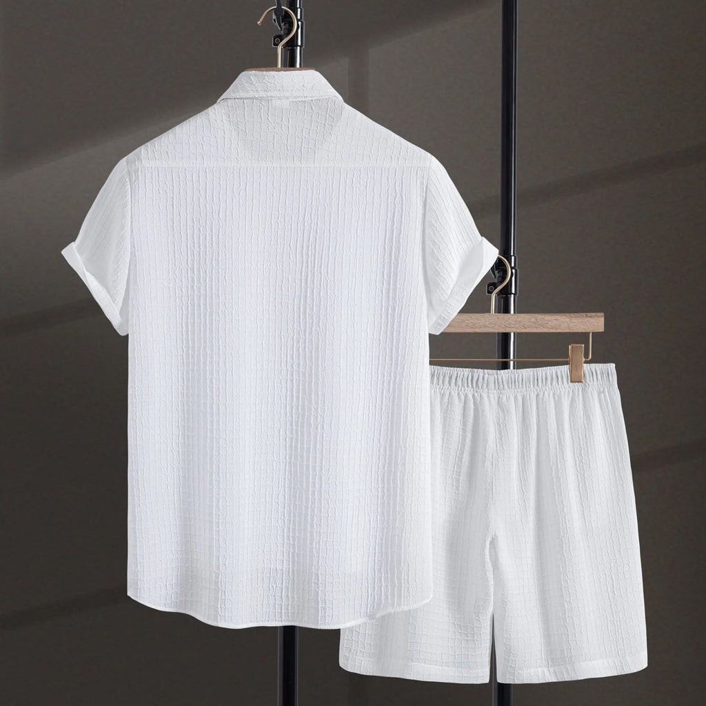 Men's white cotton-blend jacquard short sleeve shirt and shorts casual suit set