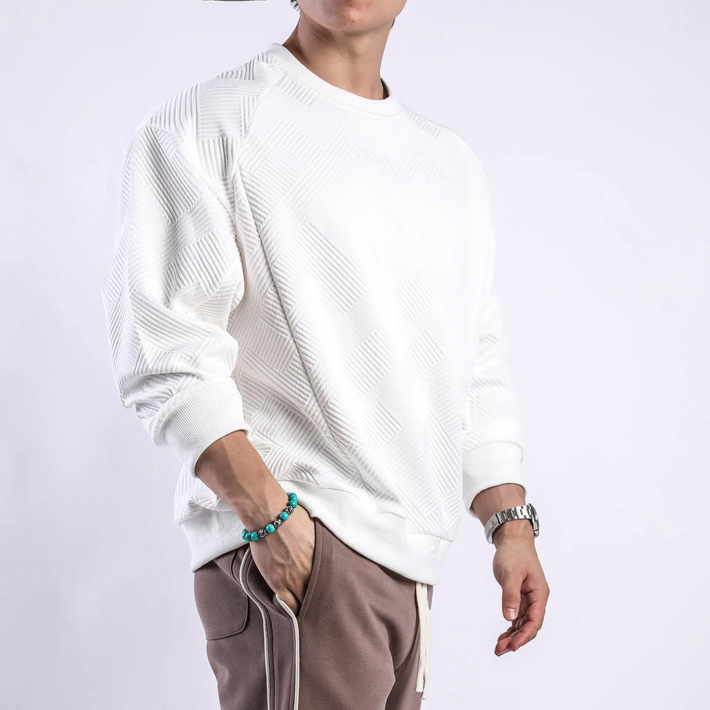 Men's twill jacquard loose fit round neck sweater solid colour