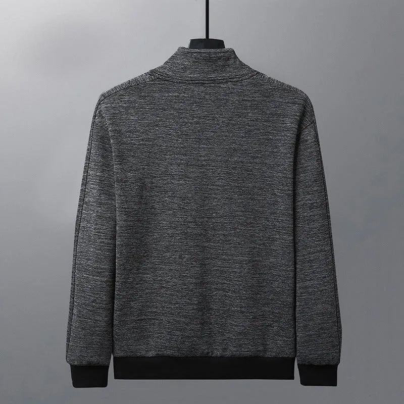 Men's black athletic fit zip-up jacket with stand-up collar on hanger