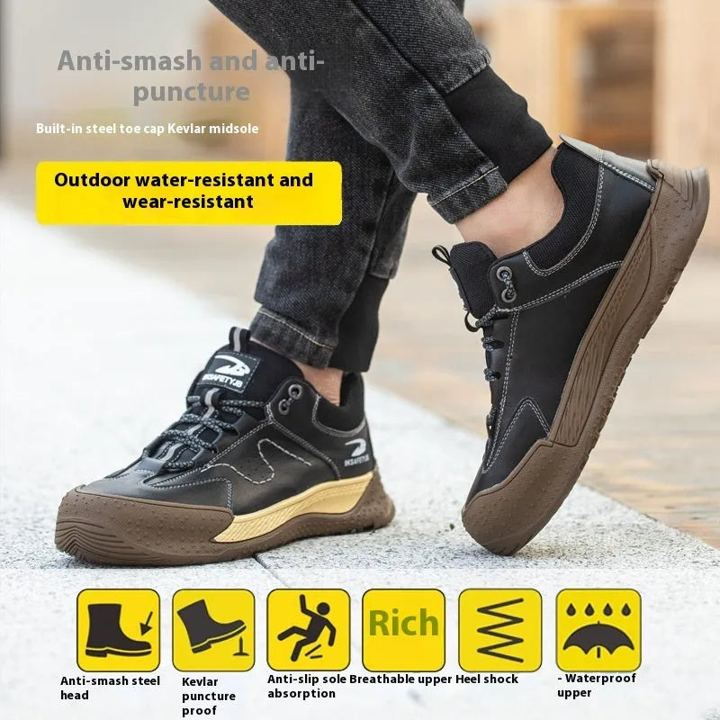 Flyknit leather safety work shoe with rubber sole shown in black colour