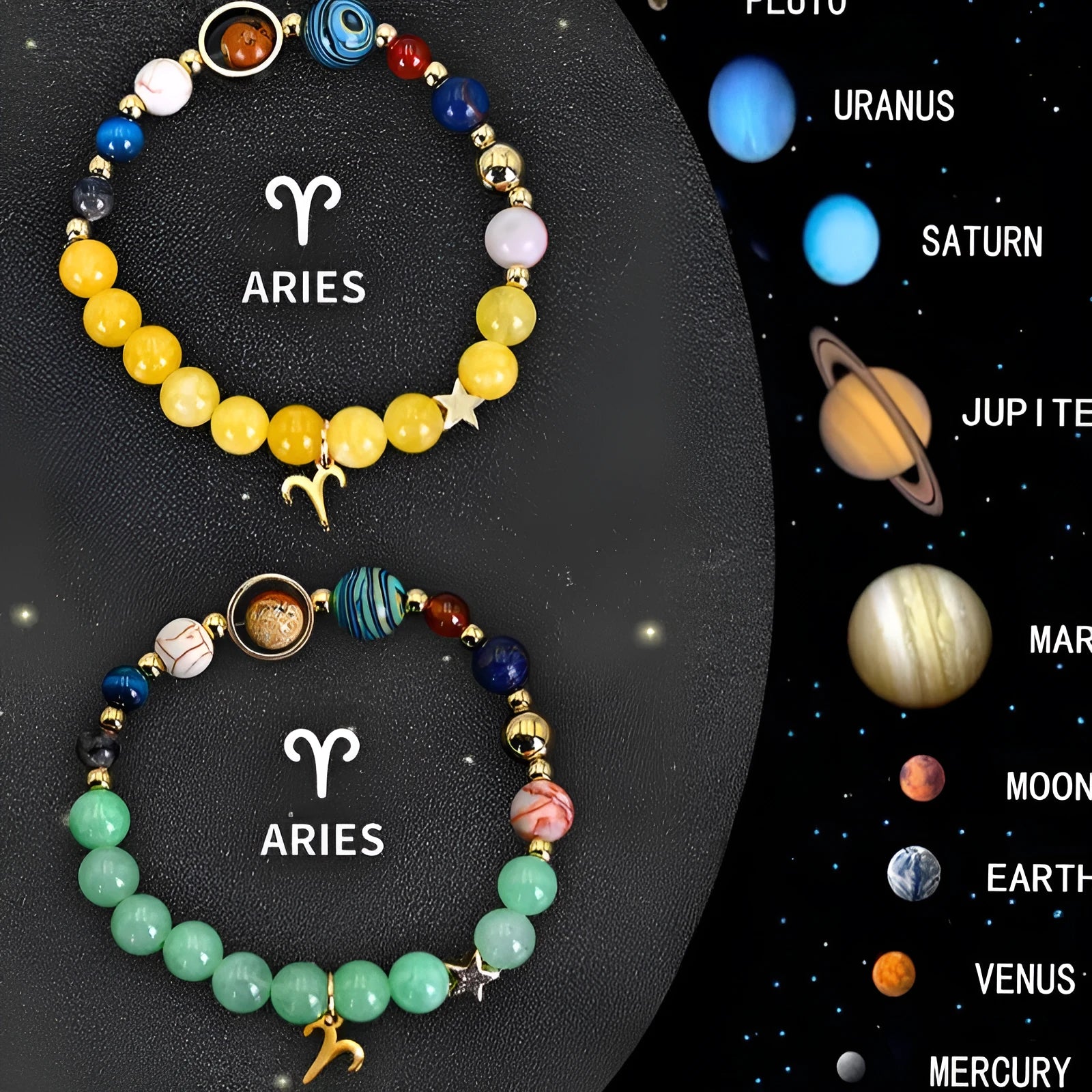 Natural stone zodiac beaded bracelet set showing twelve astrological styles with adjustable design