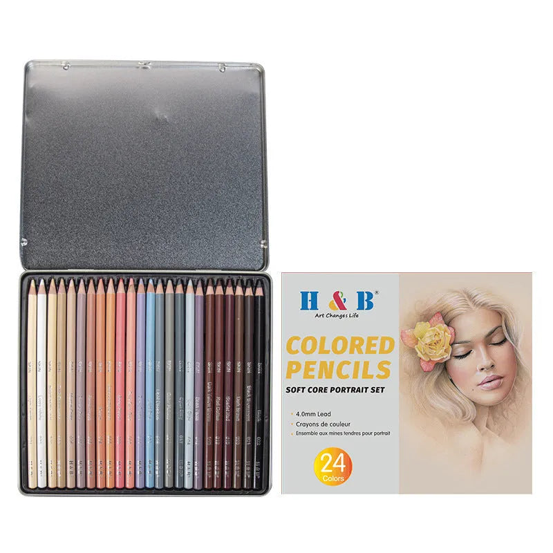 24 skin colour portrait pencils in metal tin with round brush pot for hand-painted artwork