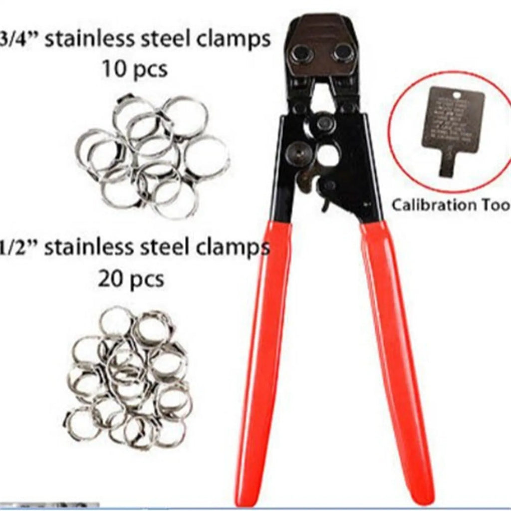 Red coloured metal single ear clamp tool set with carbon steel cutting edge on a workbench.