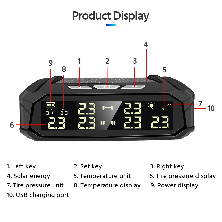Solar external tyre pressure monitor system with colour digital display and six sensors for RVs and trucks
